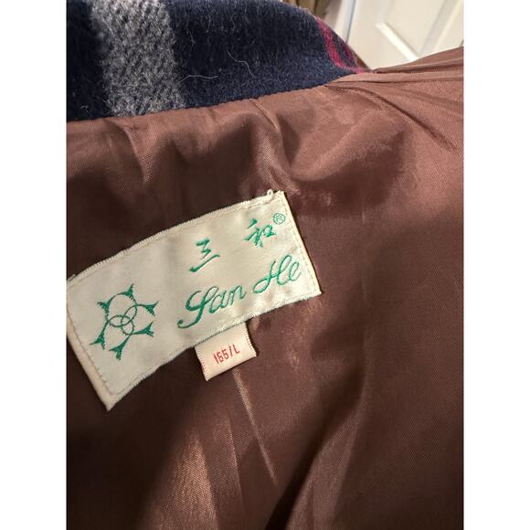 Sezane Vintage XL Oversized Slouchy 100% WOOL Plaid Coat Long Jacket Trench Blue - Picture 11 of 11